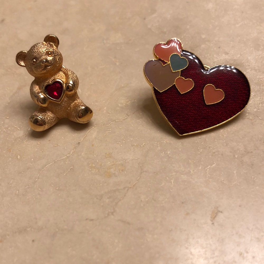 Gold and Red Heart Bear Brooch Set